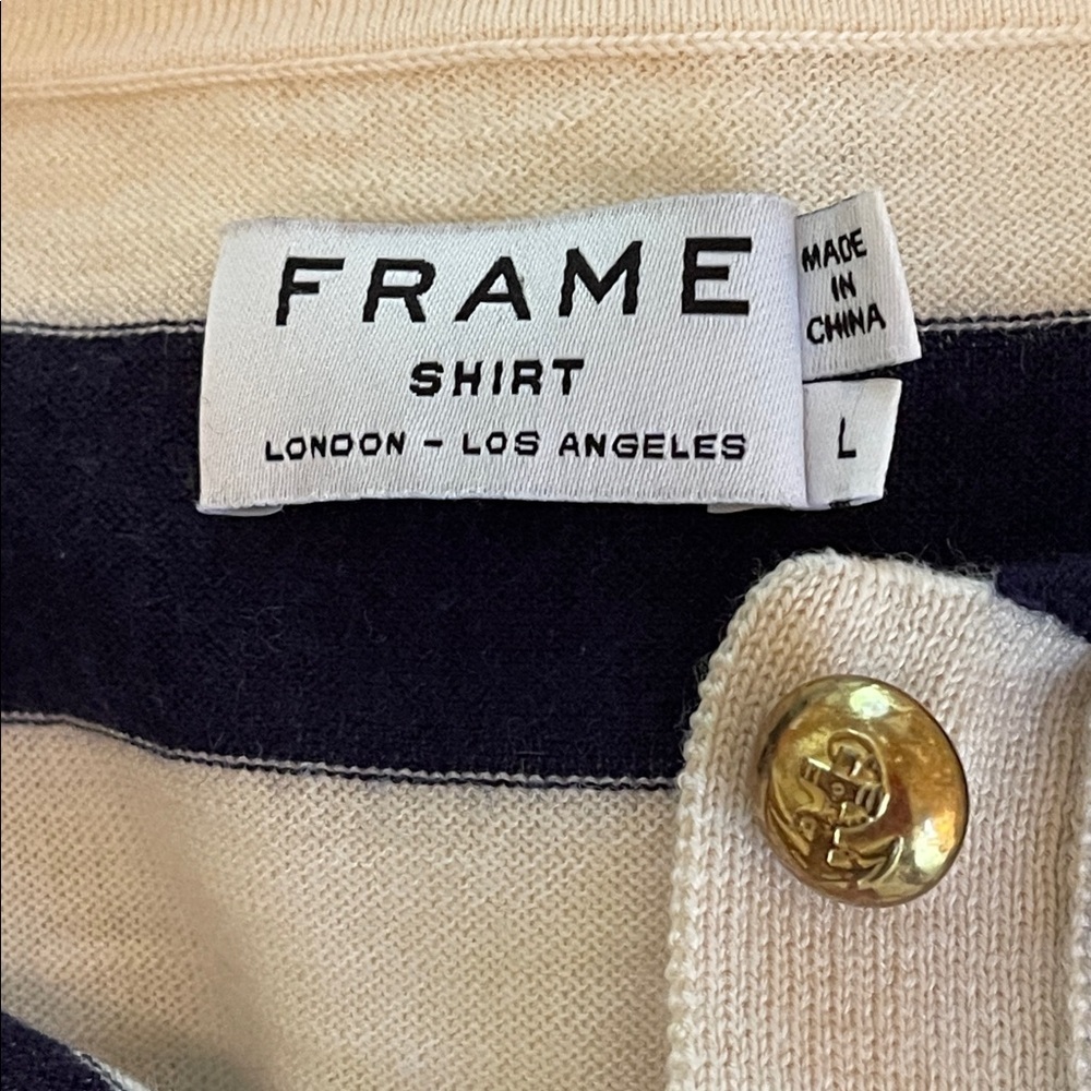 FRAME Wool Cashmere Striped Sweater Navy Ivory Gold Button Pullover Women’s L - Picture 4 of 5